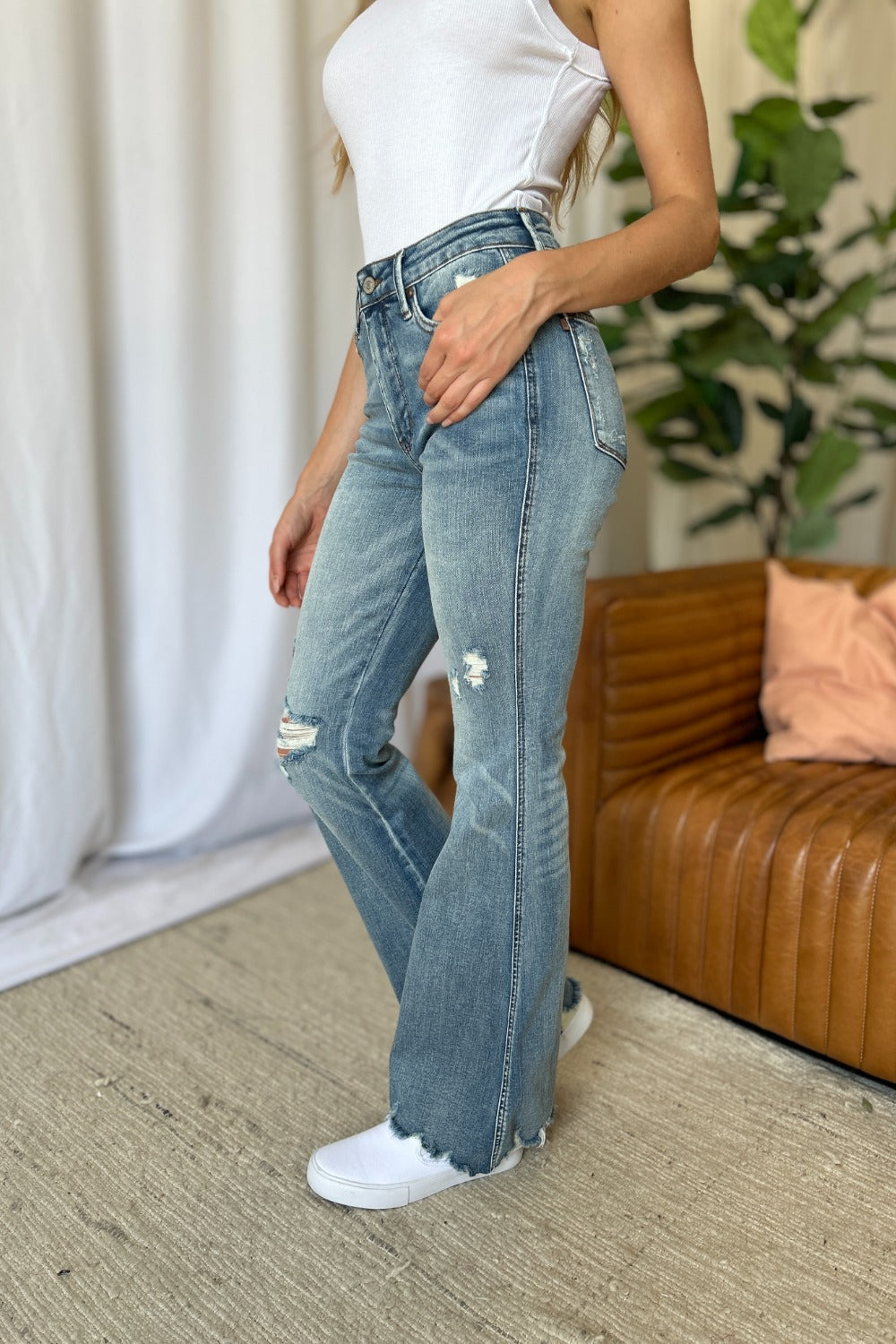 Frosted Flare: Tummy-Control Distressed Denim