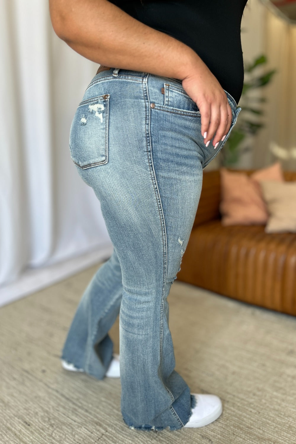 Frosted Flare: Tummy-Control Distressed Denim