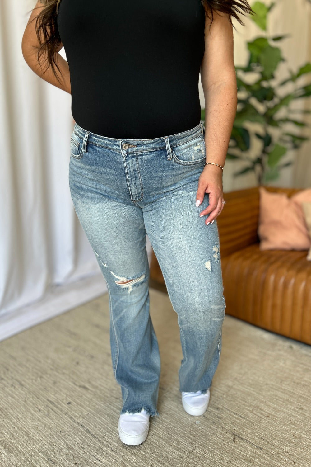 Frosted Flare: Tummy-Control Distressed Denim