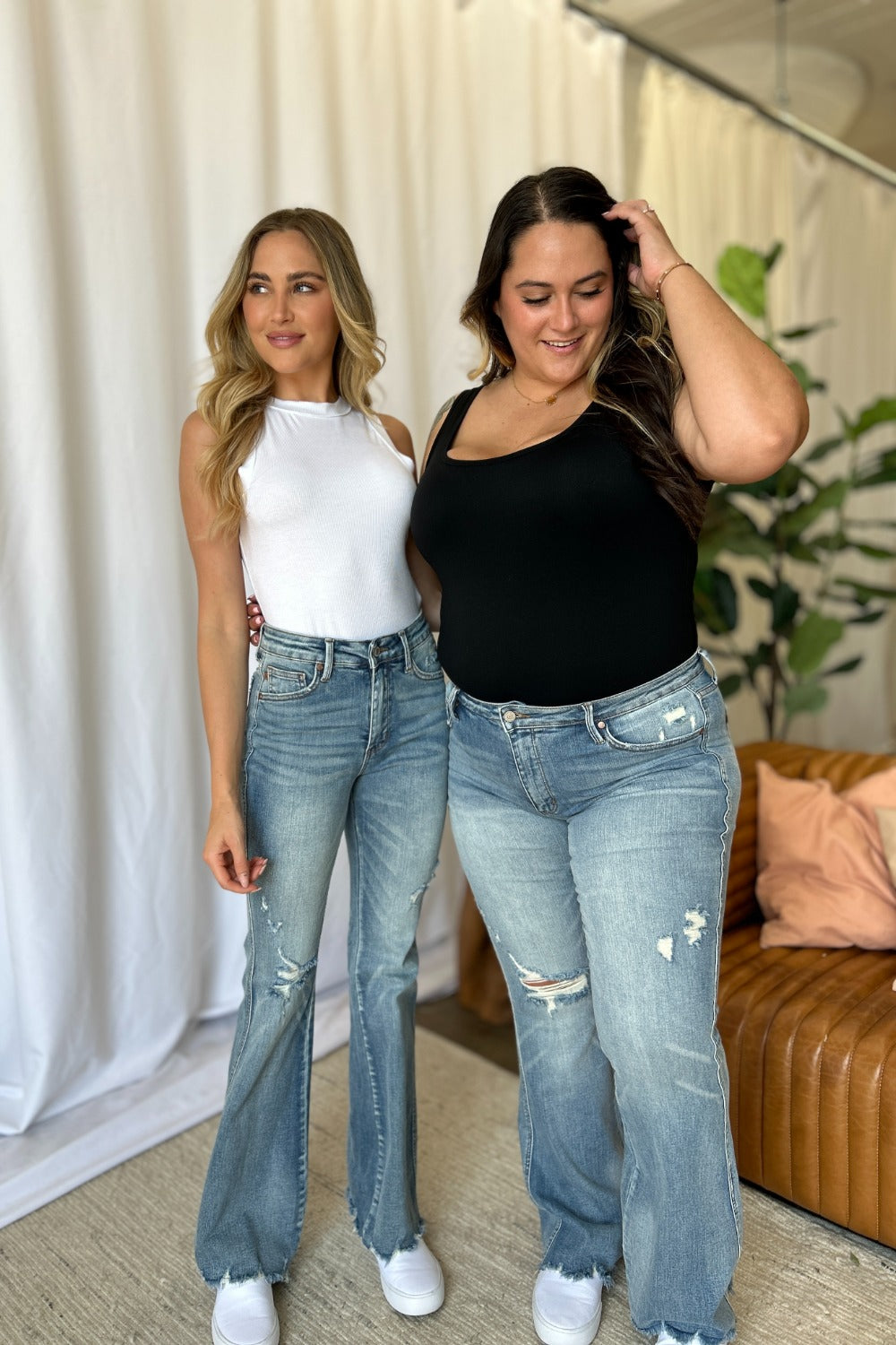 Frosted Flare: Tummy-Control Distressed Denim