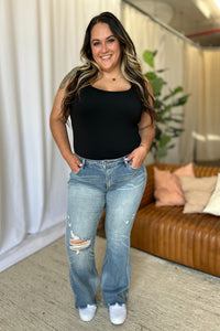 Frosted Flare: Tummy-Control Distressed Denim