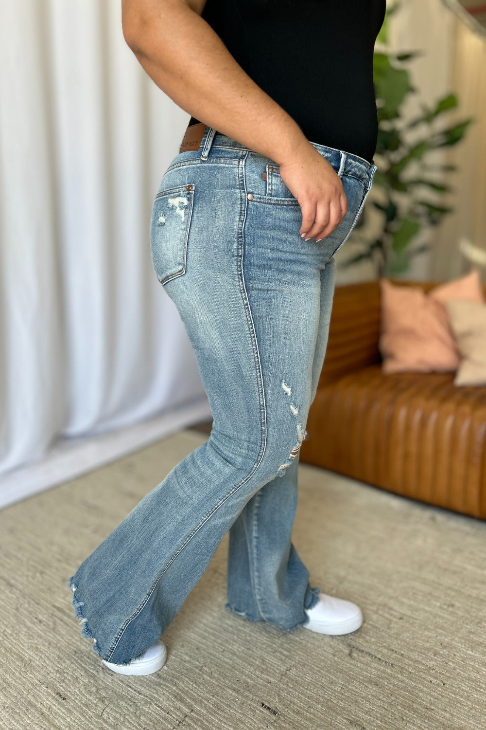 Frosted Flare: Tummy-Control Distressed Denim