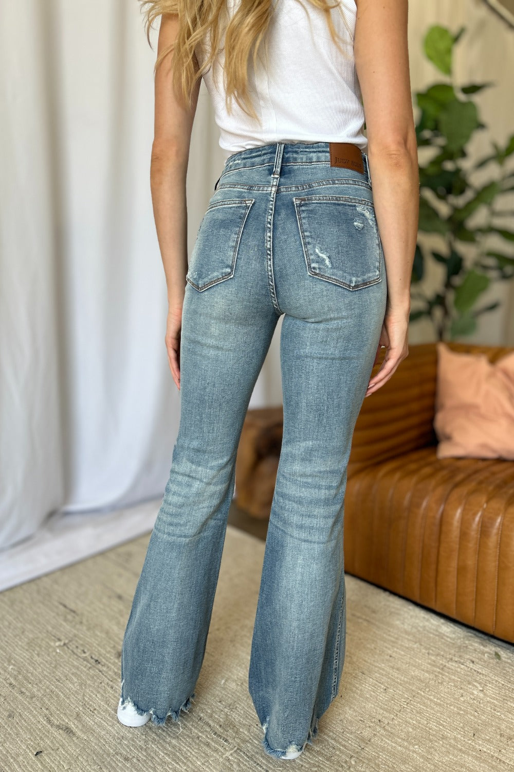 Frosted Flare: Tummy-Control Distressed Denim
