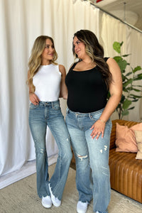 Frosted Flare: Tummy-Control Distressed Denim