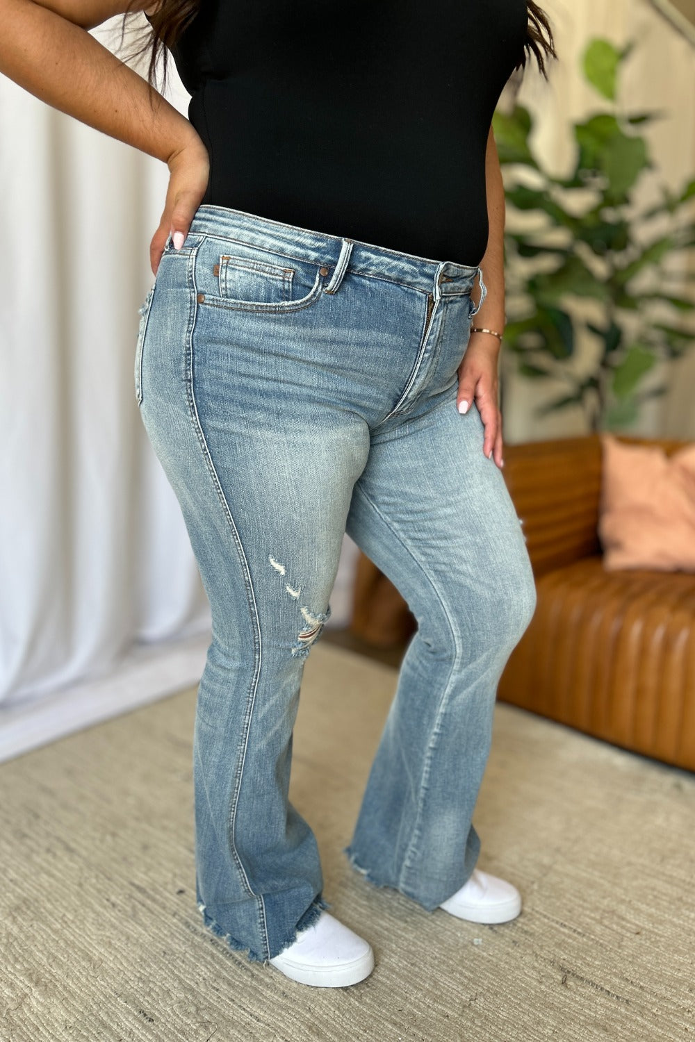 Frosted Flare: Tummy-Control Distressed Denim