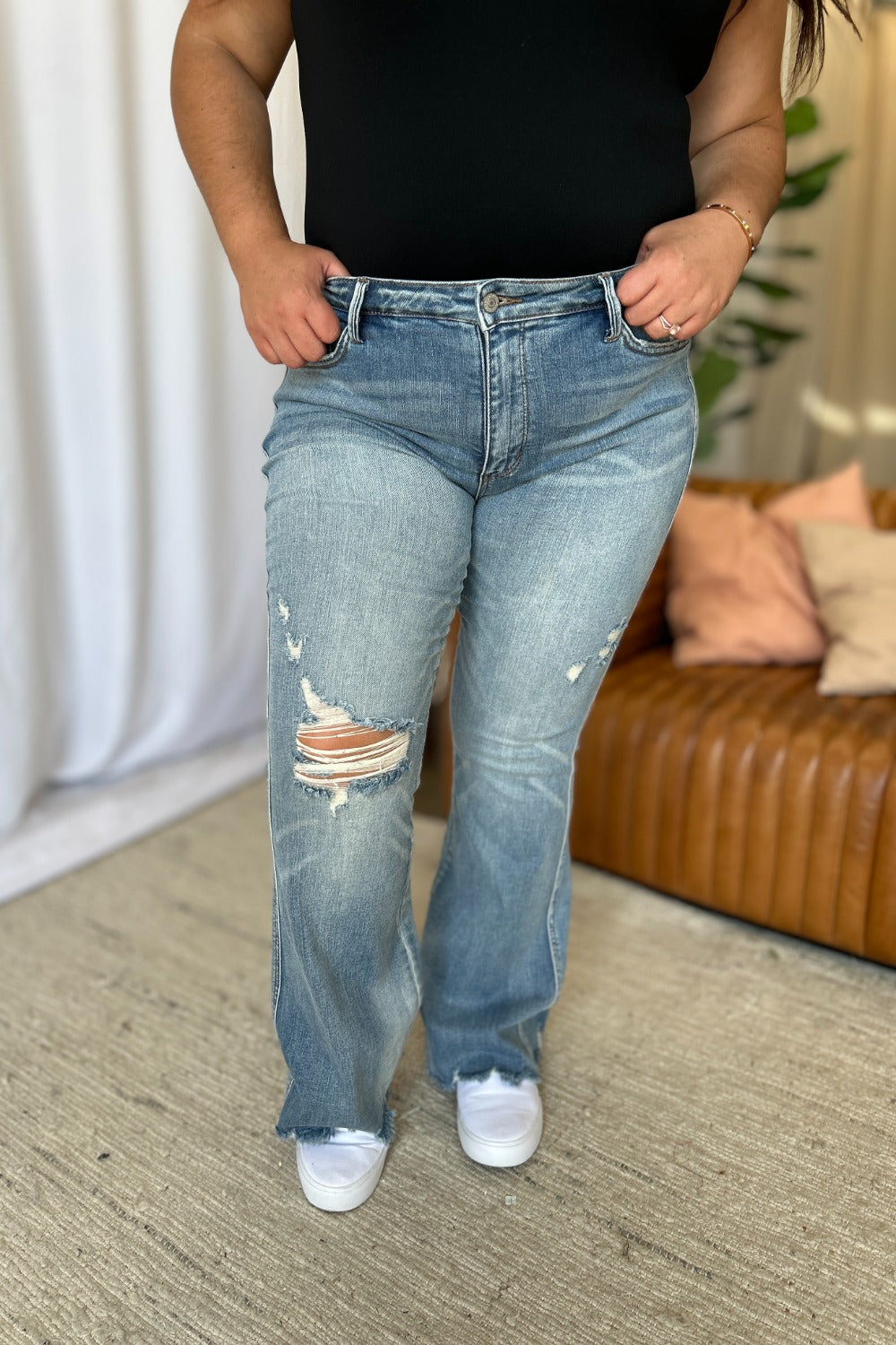 Frosted Flare: Tummy-Control Distressed Denim