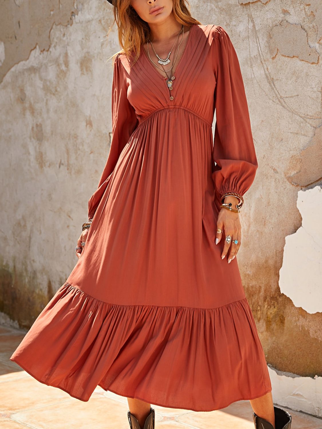 Terra Cotta Ruched Midi Dress