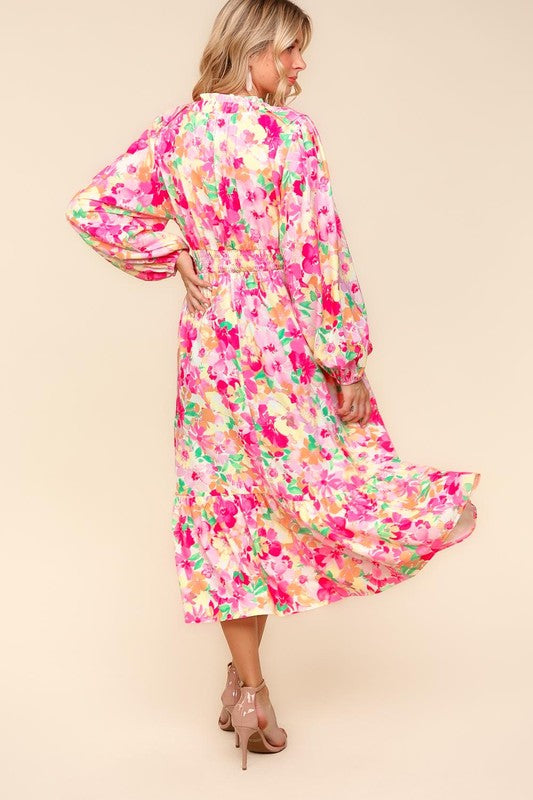 Bloom & Grace Floral Surplice Balloon Sleeve Dress