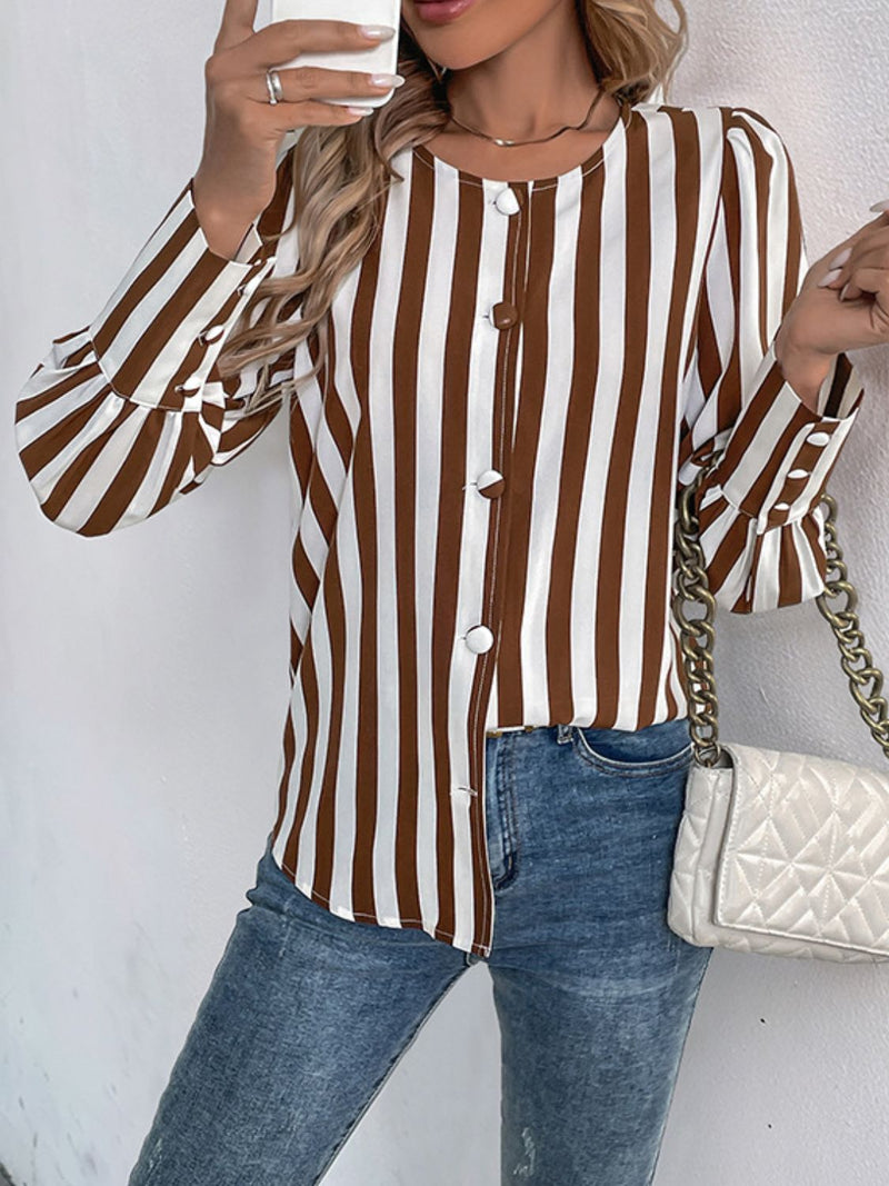 Bold Stripes Buttoned Round Neck Blouse