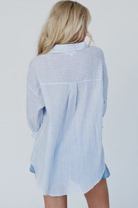 Coastal Breeze High-Low Striped Cotton Shirt