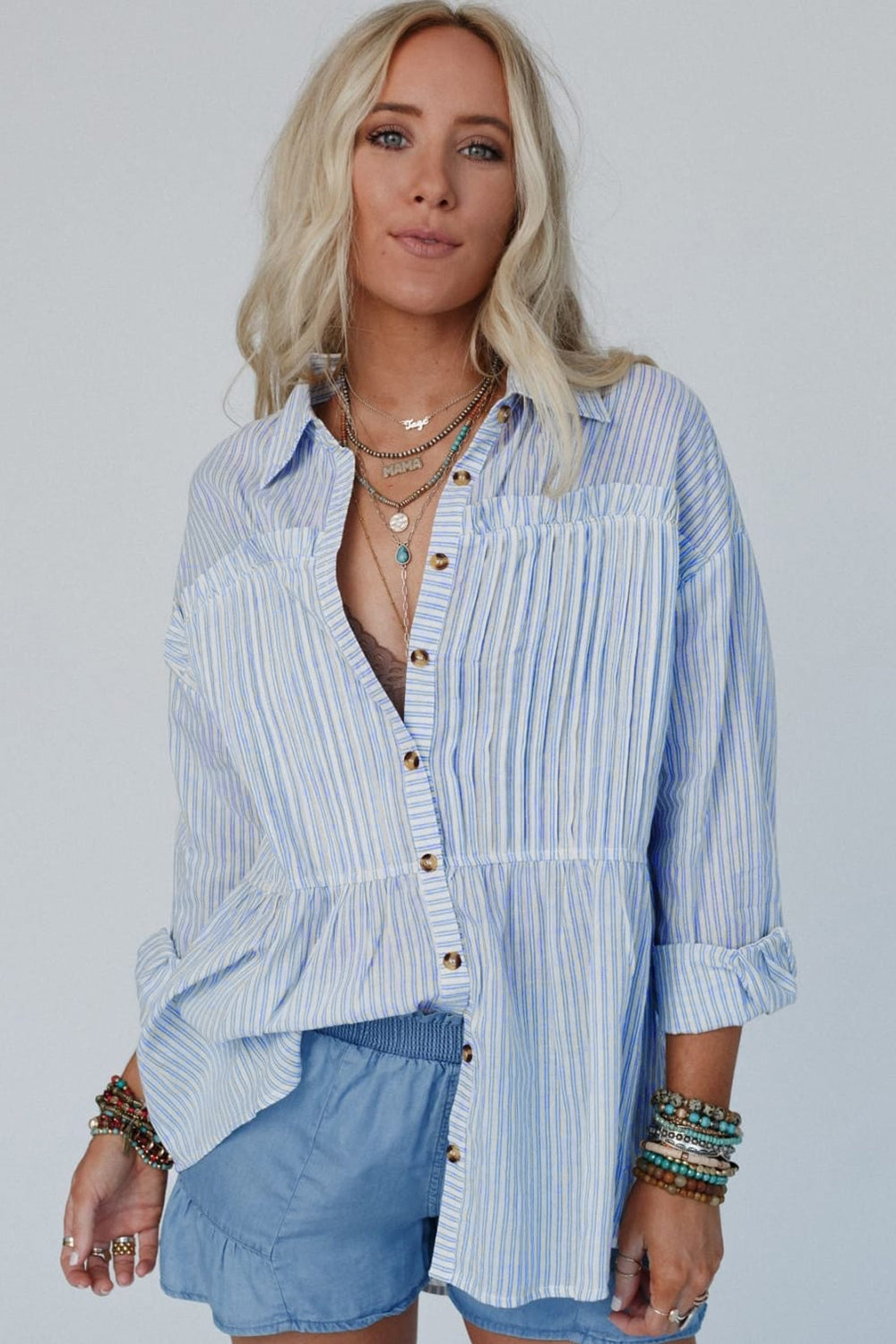 Coastal Breeze High-Low Striped Cotton Shirt