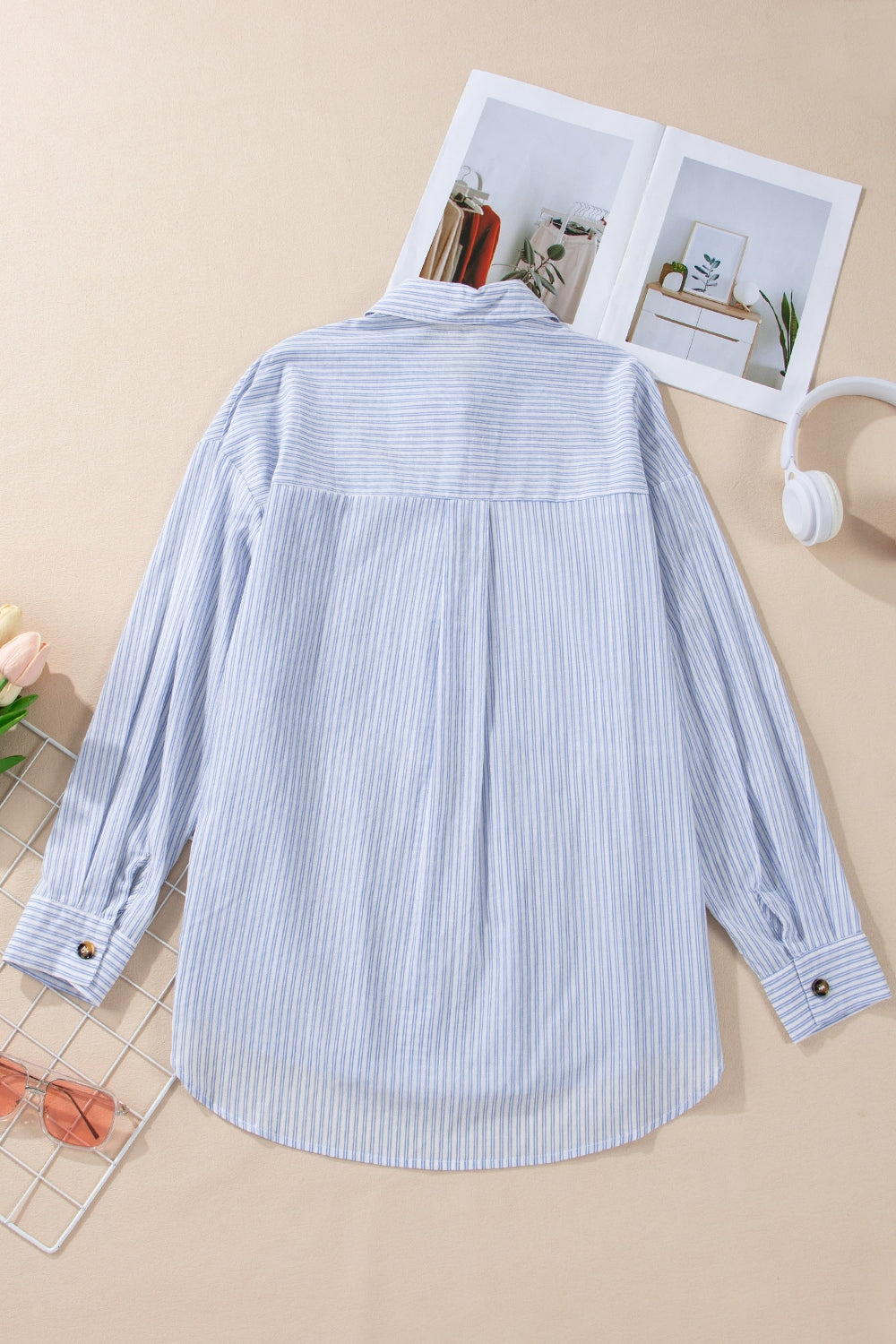 Coastal Breeze High-Low Striped Cotton Shirt