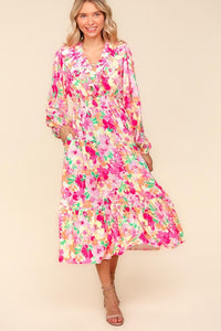 Bloom & Grace Floral Surplice Balloon Sleeve Dress