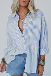 Coastal Breeze High-Low Striped Cotton Shirt