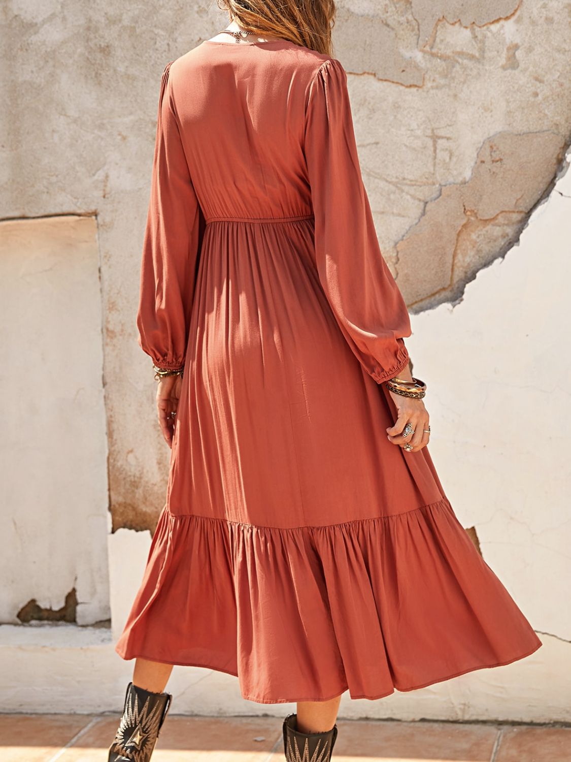 Terra Cotta Ruched Midi Dress