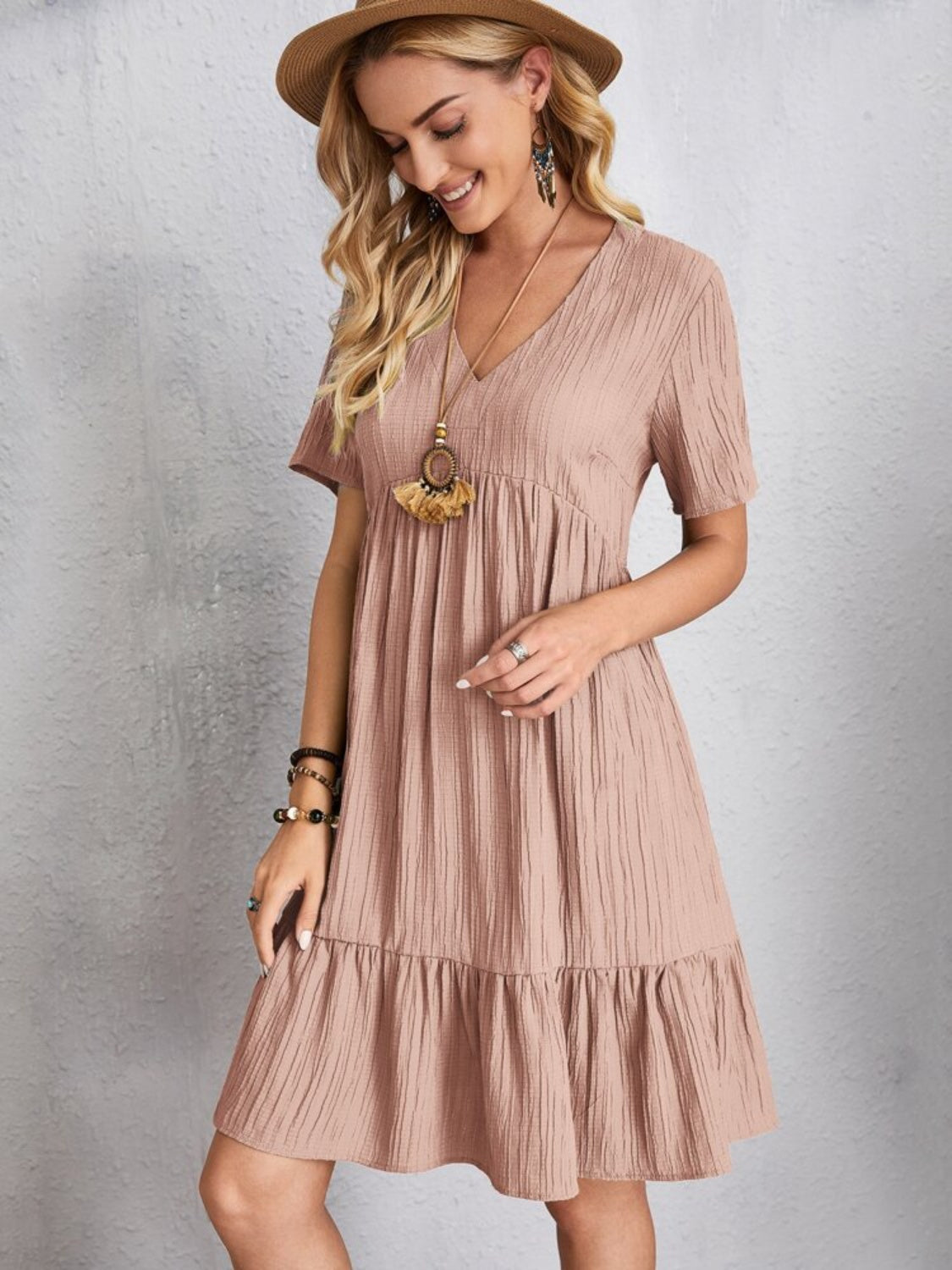 Sunset Blush V-Neck Dress