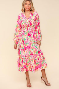 Bloom & Grace Floral Surplice Balloon Sleeve Dress