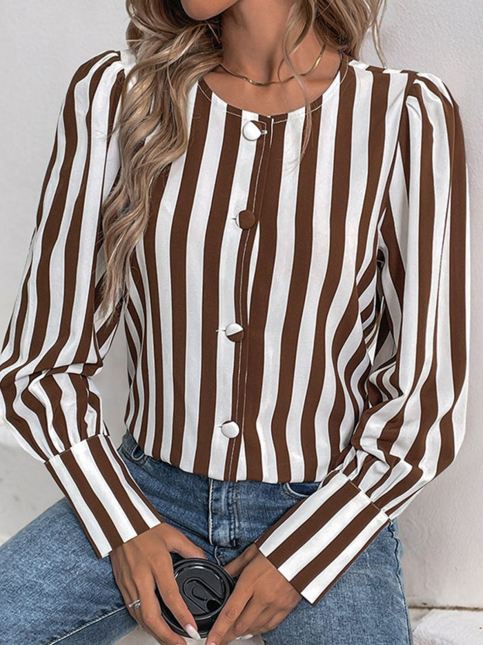 Bold Stripes Buttoned Round Neck Blouse