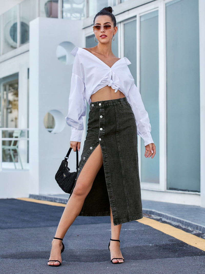 Riviera Buttoned Denim Midi Skirt