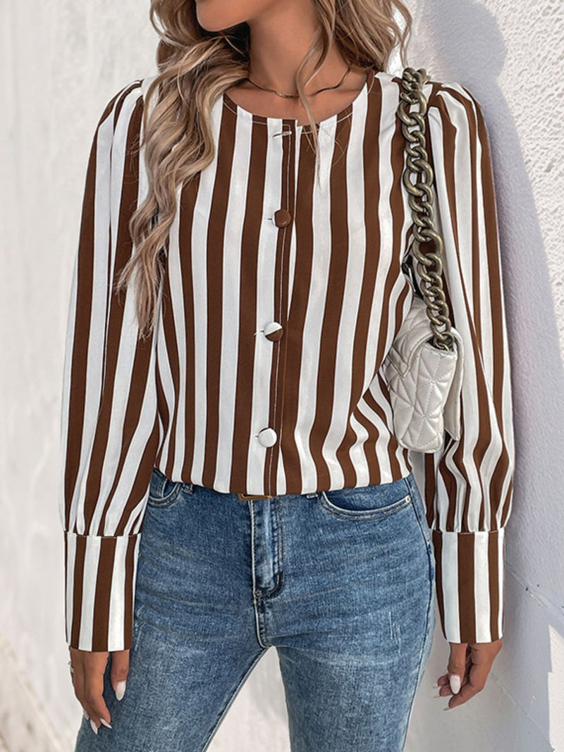 Bold Stripes Buttoned Round Neck Blouse