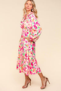 Bloom & Grace Floral Surplice Balloon Sleeve Dress