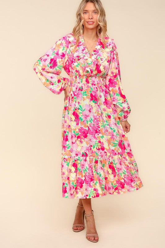 Bloom & Grace Floral Surplice Balloon Sleeve Dress