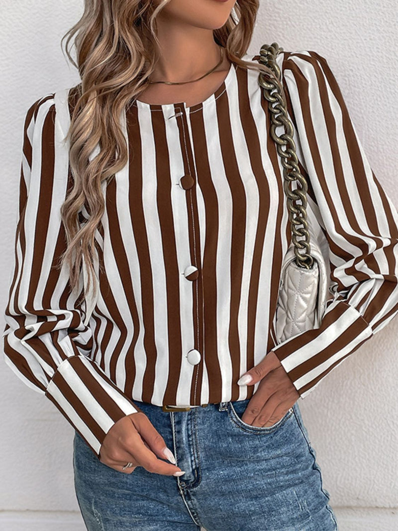 Bold Stripes Buttoned Round Neck Blouse