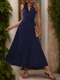 Elegant Sapphire Slit Halter Dress