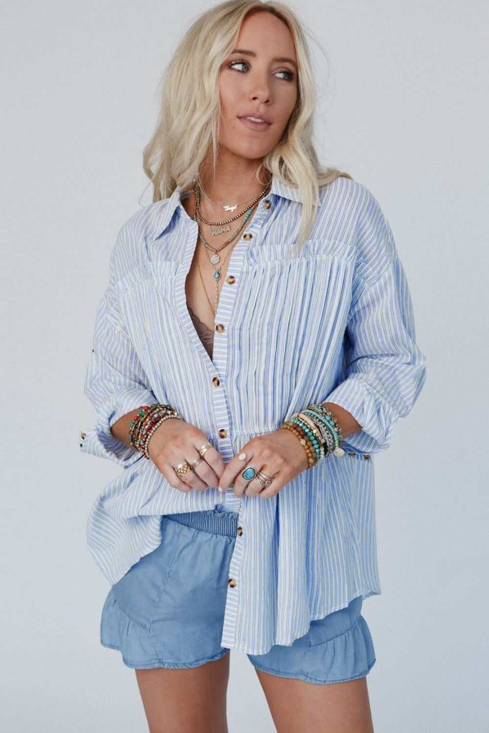 Coastal Breeze High-Low Striped Cotton Shirt