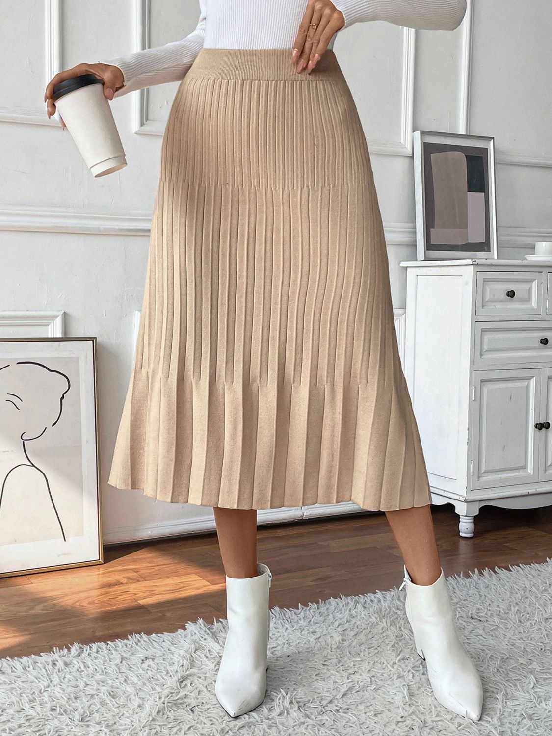 Cozy Chic Pleated Sweater Midi Skirt