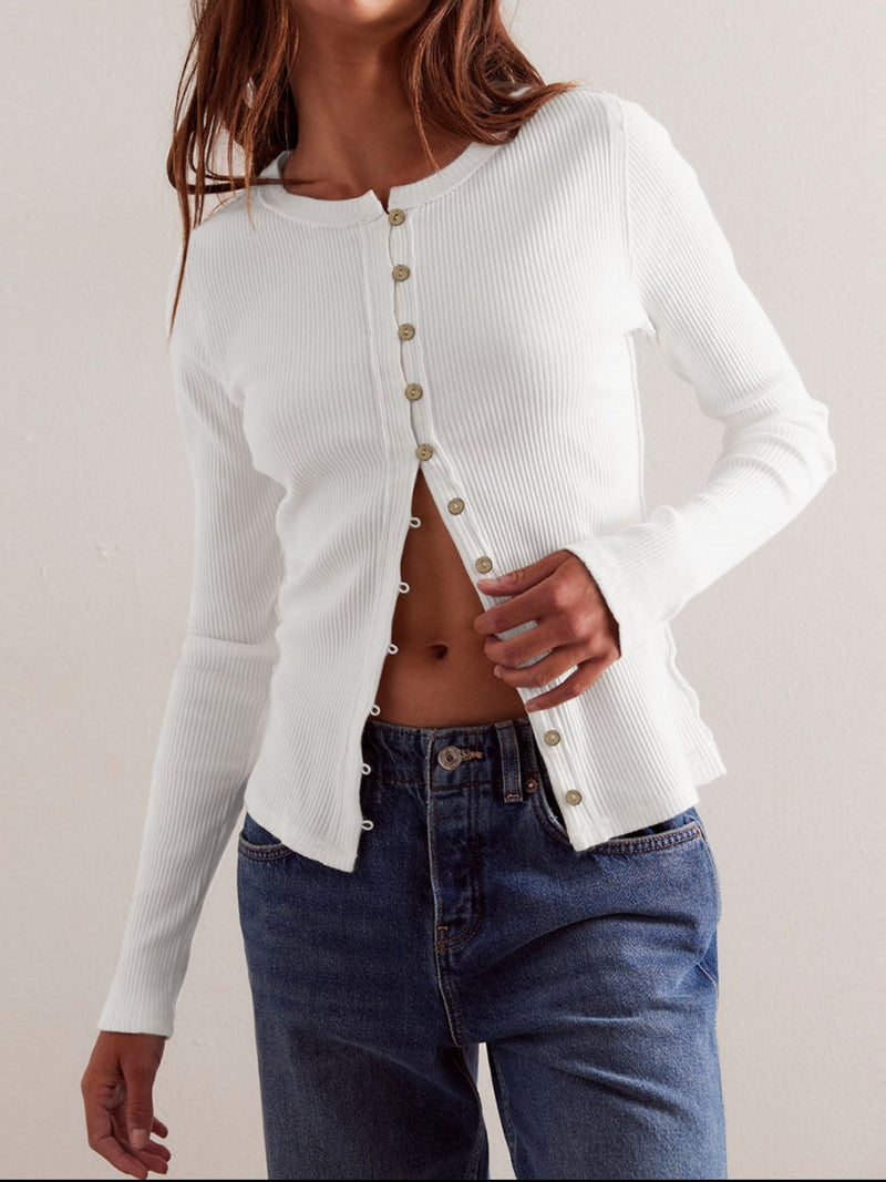 Classic Ribbed Button-Front Long Sleeve Top