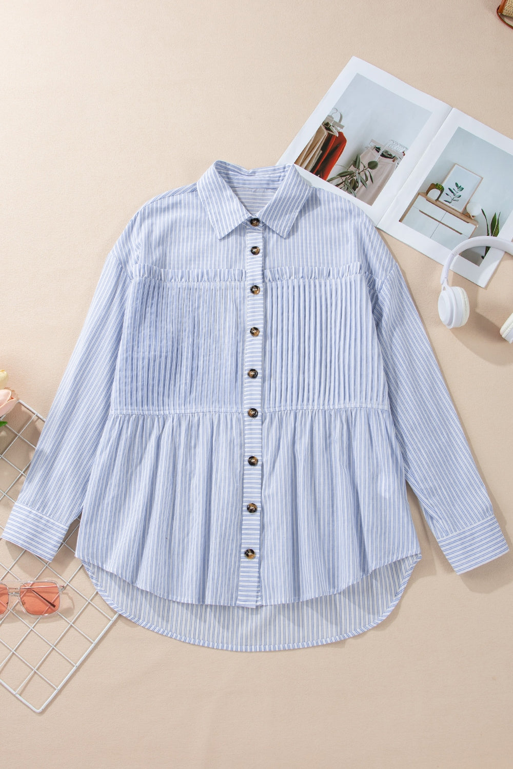 Coastal Breeze High-Low Striped Cotton Shirt