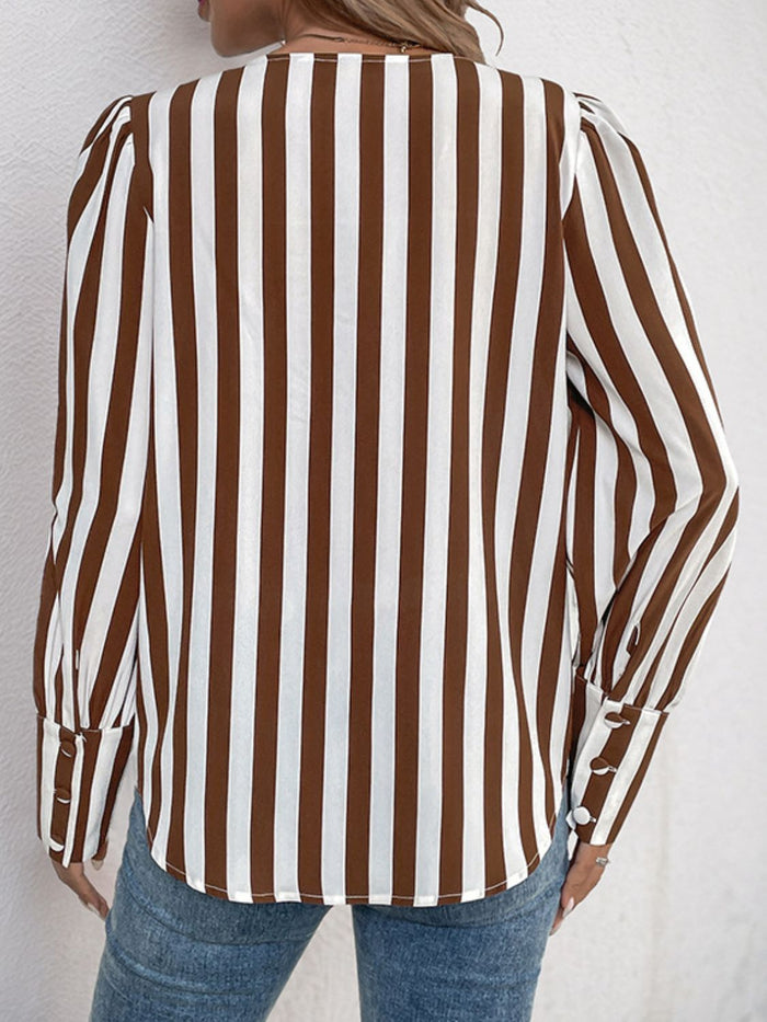 Bold Stripes Buttoned Round Neck Blouse