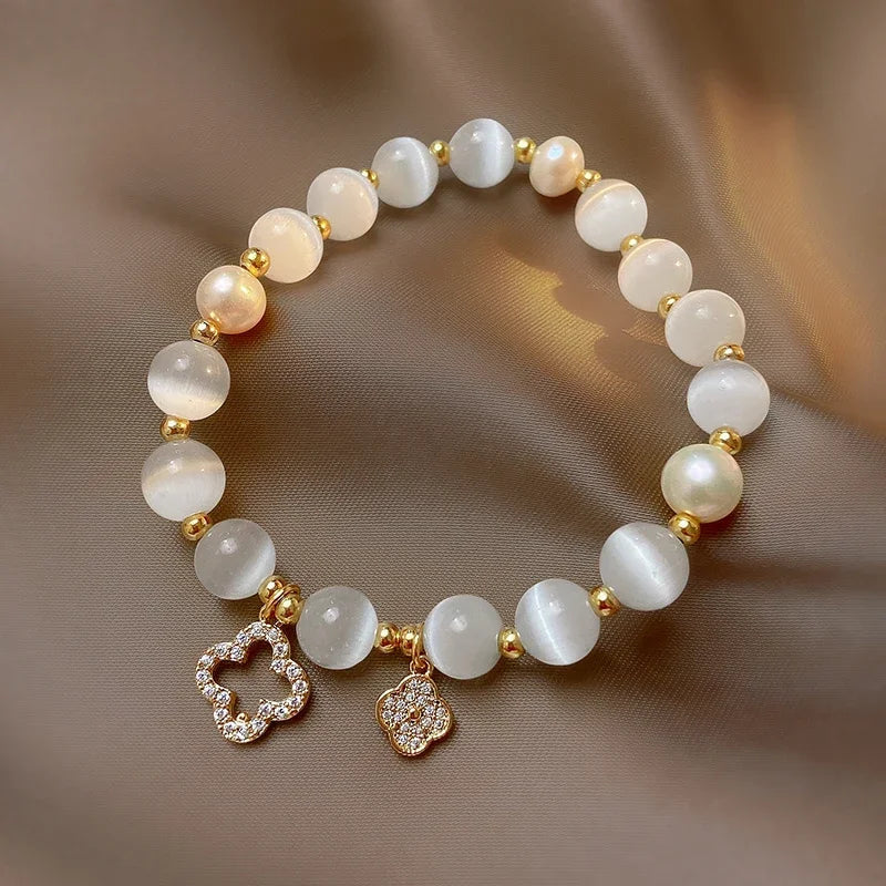 Elegant Opal Pearl Bracelet with Clover Charm