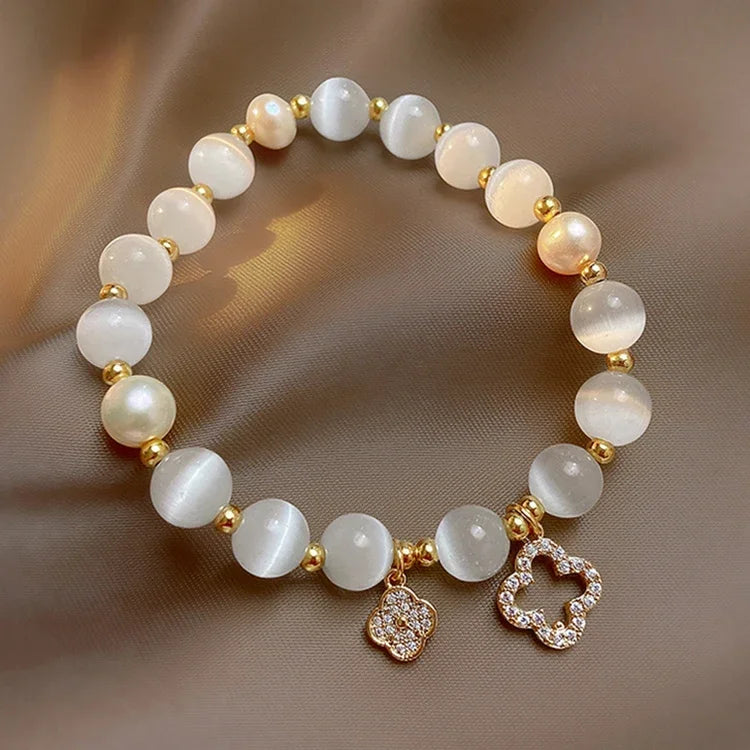 Elegant Opal Pearl Bracelet with Clover Charm