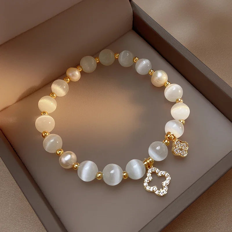 Elegant Opal Pearl Bracelet with Clover Charm