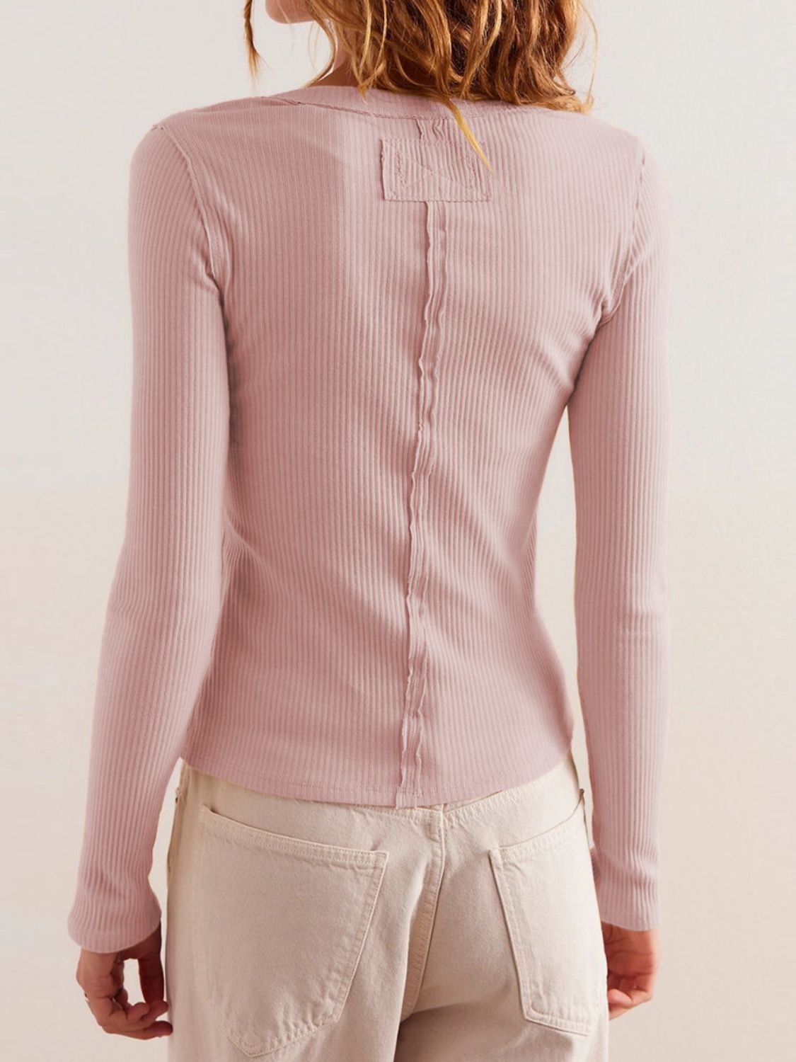 Classic Ribbed Button-Front Long Sleeve Top