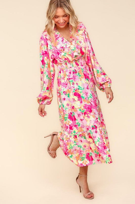 Bloom & Grace Floral Surplice Balloon Sleeve Dress