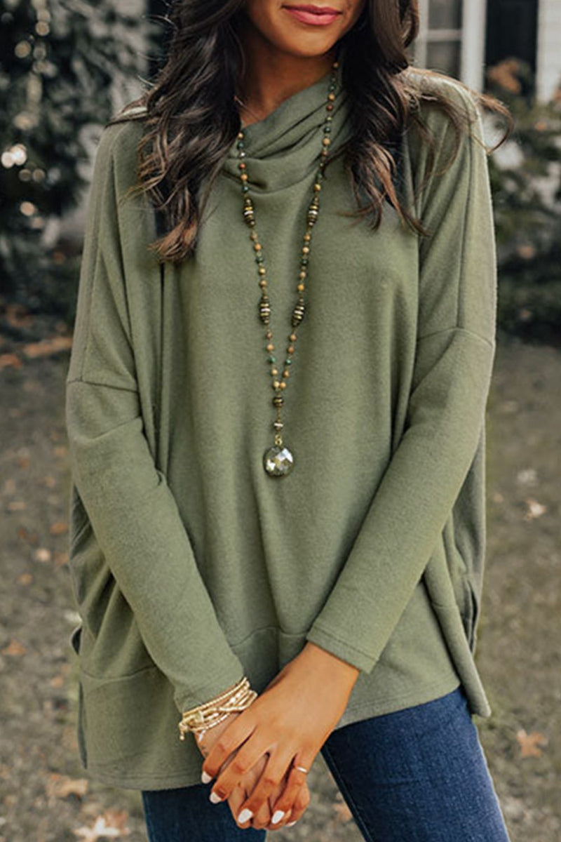 Evergreen Elegance Cowl Neck High-Low Blouse