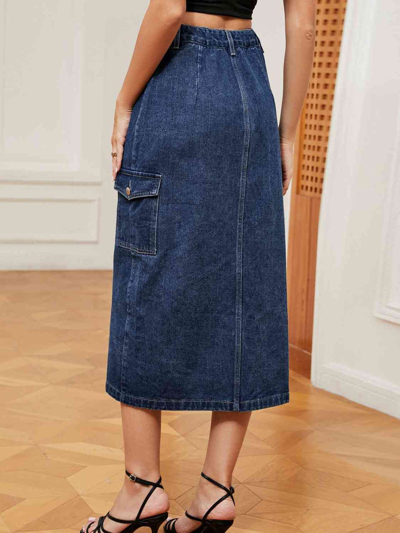 Classic Buttoned Indigo Midi Skirt