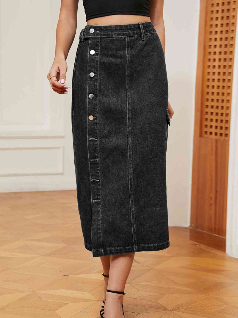 Classic Buttoned Indigo Midi Skirt