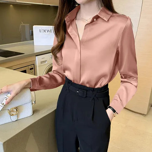 Elegant V-Neck Satin Silk Blouse