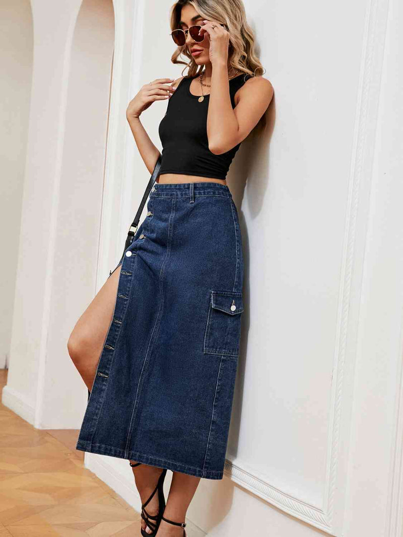 Classic Buttoned Indigo Midi Skirt