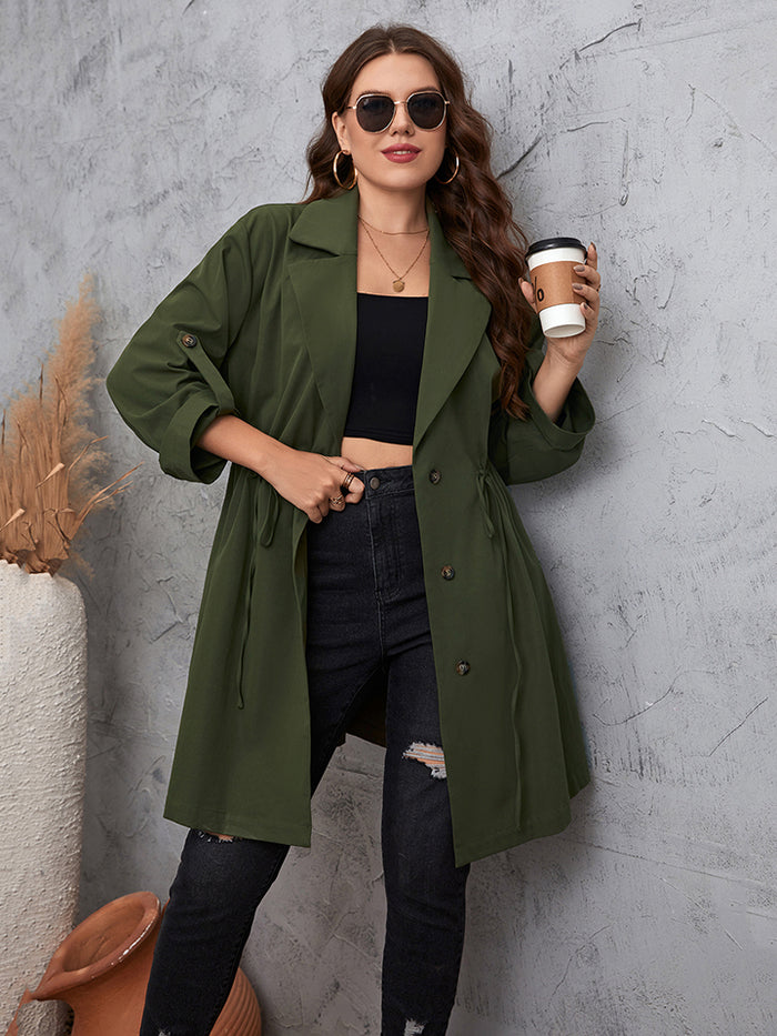 Curvy Elegance Lapel Trench with Roll-Tab Sleeves